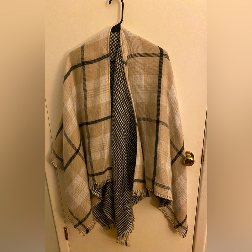 Plaid Poncho with navy blues and white checker print